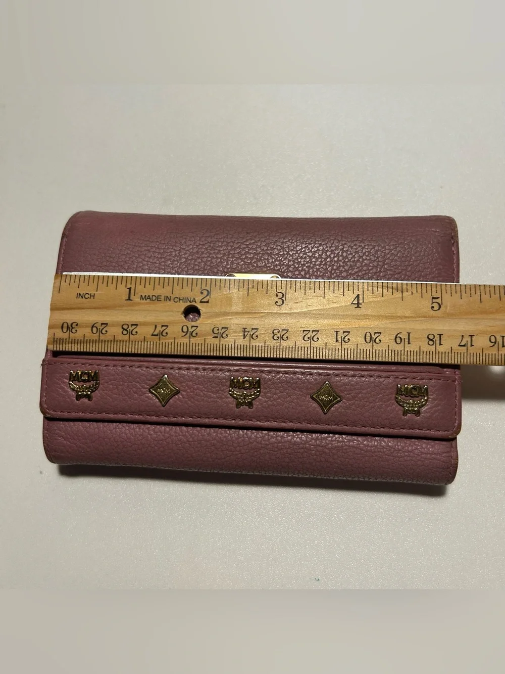 MCM Blush Pink Mauve Leather Wallet Gold Plaque READ